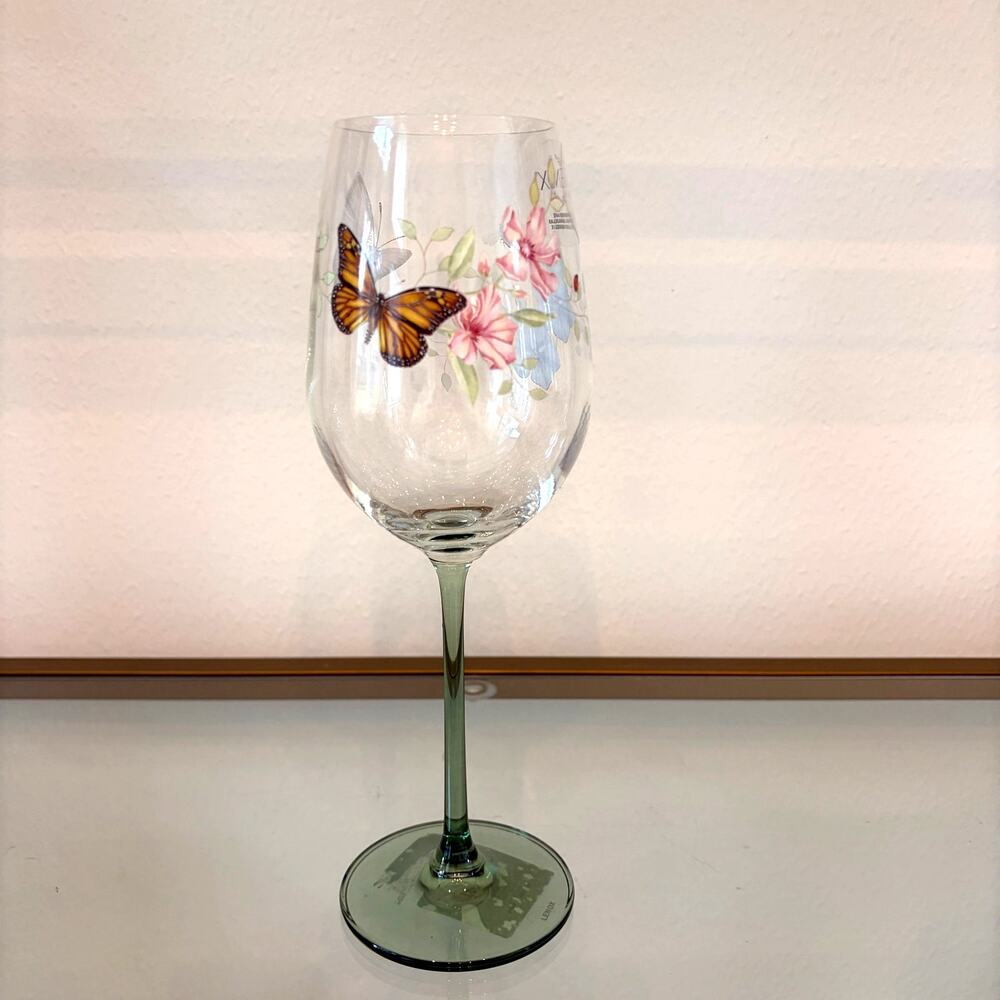 Lenox Butterfly Meadow Wine Glass Green Stem Spring Floral Barware NEW